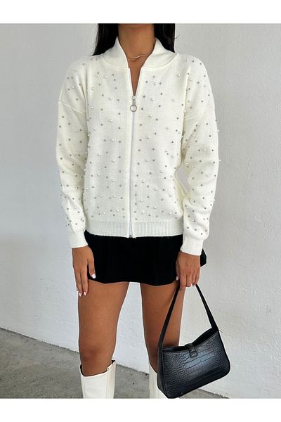 Brantu Women's White Pearl Zippered Cardigan