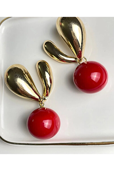 HOSBUTIK Za Model Red Ball Earrings - Gold Color