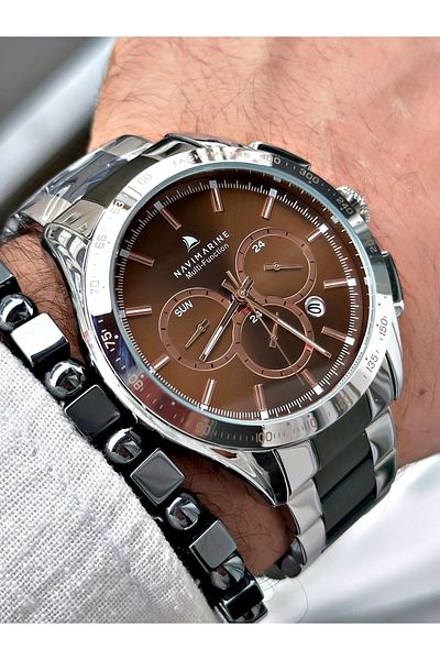 Navimarine Men's Silver Black Wristwatch and Bracelet - Steel Cord Gift