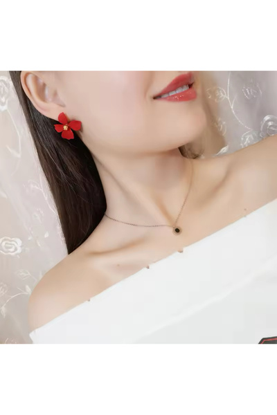 HOSBUTIK Red Small Flower Patterned Earrings