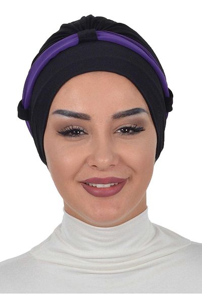 Ayşe Tasarım بونيه قطن ممشط بحزام شيفون - أسود وأرجواني، b-24