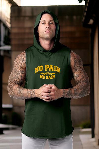 BESSA Men's Khaki Hooded Cotton Tank Top - No Pain Printed Sleeveless Athlete T-Shirt