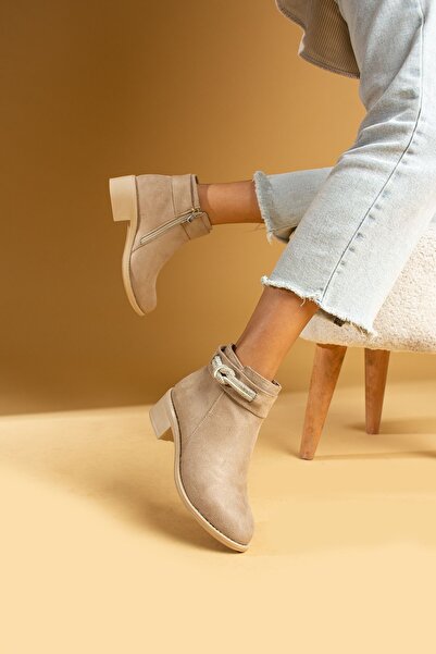 Pembe Potin Kadın Bej Süet Taşlı Fermuarlı Tokalı Günlük Rahat Kalıp İçi Sıcak Astarlı Bot