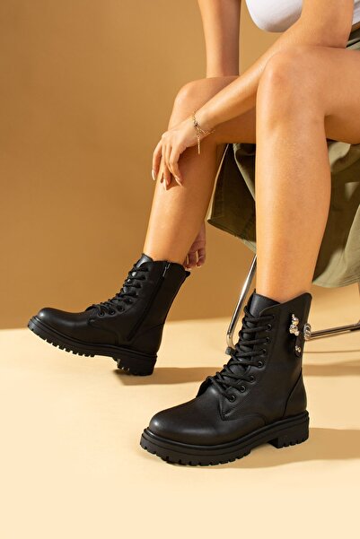 Pembe Potin Kadın Teddy Bear Siyah Poli Taban Fermuarlı Rahat Kalıp Sıcak Astar Bağcıklı Bot