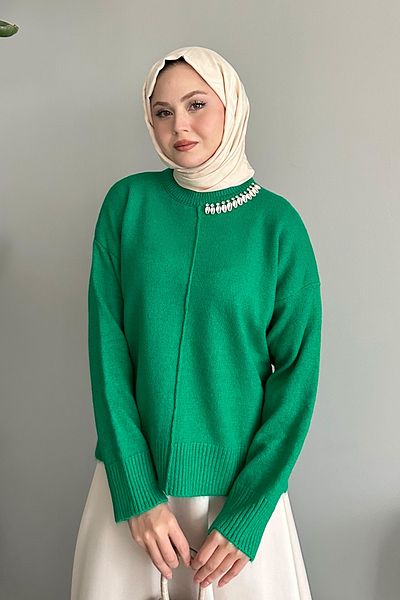 InStyle Pulover de tricotaj cu scoici cu detalii de piatră verde smarald