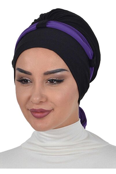 Ayşe Tasarım Chiffon Belted Combed Cotton Bonnet, Black - Purple, B-24, Black - Purple