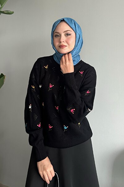 InStyle Black Rose Motif Openwork Knitwear Sweater