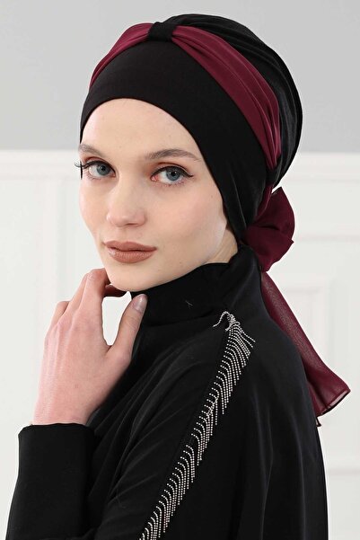 Ayşe Tasarım Chiffon Belted Combed Cotton Bonnet, Black - Plum, B-24, Black - Plum
