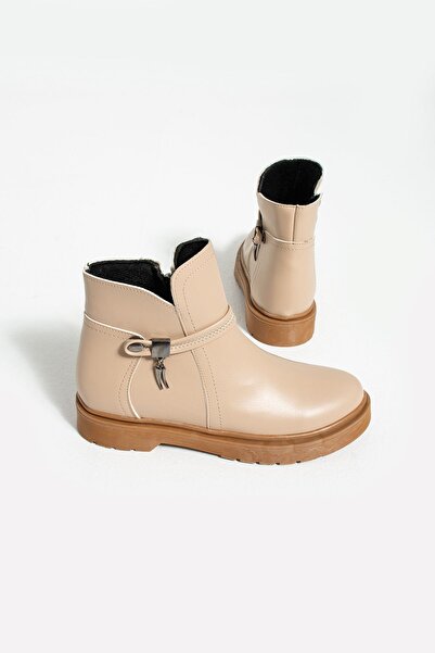 Pembe Potin Kadın Nut Koyu Bej Tokalı Rahat Kalıp Kaymaz Taban Lastikli Sıcak Astar Günlük Rahat Bot