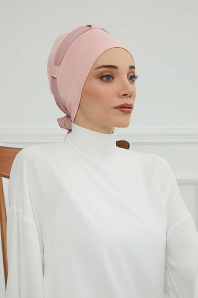 Ayşe Tasarım Combed Cotton Chiffon Belted Bonnet - Powder, B-24