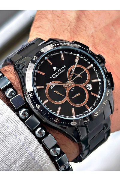 Navimarine Men's Wristwatch and Bracelet with Gift - Black Steel Cord