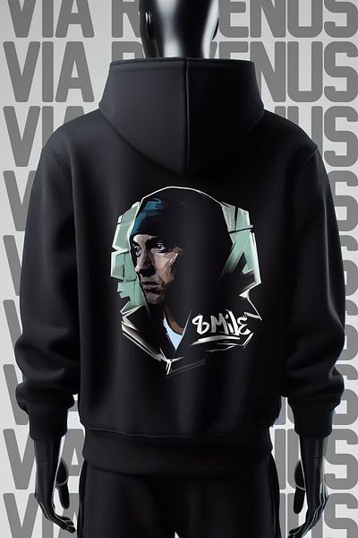 Vordevia Черен суичър с качулка с щампа Eminem - широка шарка от 3 прежди