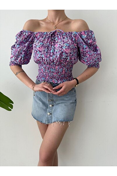 BKUzer Romantik Çiçek Desenli, Büzgülü Omuz Dekolteli Bluz - Mor & Pembe