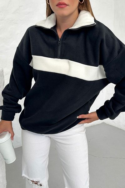 Know BlackPoloCollar White Striped Soft Textured Women'sSweatshirt-Oversizewith Half Zipper