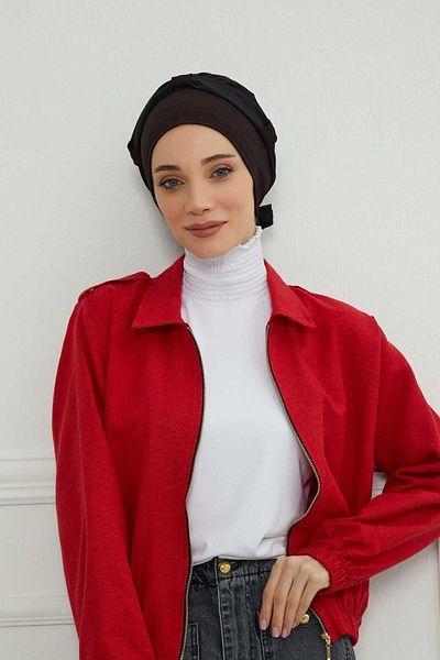 Ayşe Tasarım Black Chiffon Belted Combed Cotton Bonnet - B-24