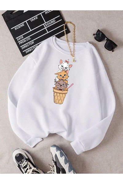 BENROMA Unisex Παιδικό φούτερ - Cute Cat Printed, Crew Neck