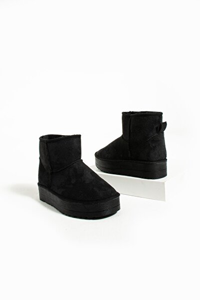 Pembe Potin Γυναικεία μαύρα μποτάκια Nubuck με γούνα μέσα, επίπεδη χοντρή άνετη σόλα Γυναικεία παπούτσια