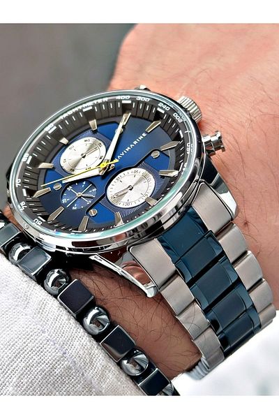 Navimarine Men's Silver Colored Steel Cord Wrist Watch and Bracelet Gift