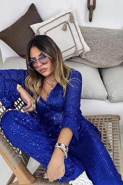 Sohotique By P Saks Blue Sequined Wide Leg Trousers