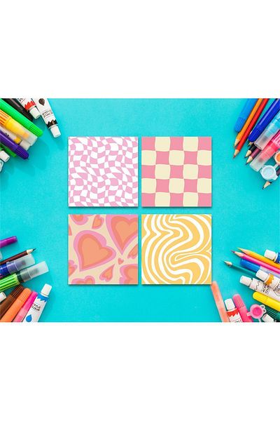 Pine Note Set of 4 Retro Patterned Colored Memopad, Notepad, Memo Pad, Notebook, Planner