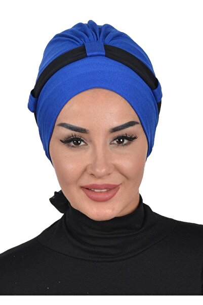 Ayşe Tasarım بونيه قطني ممشط بحزام من الشيفون، ساكس - أسود، b-24، ساكس - أسود