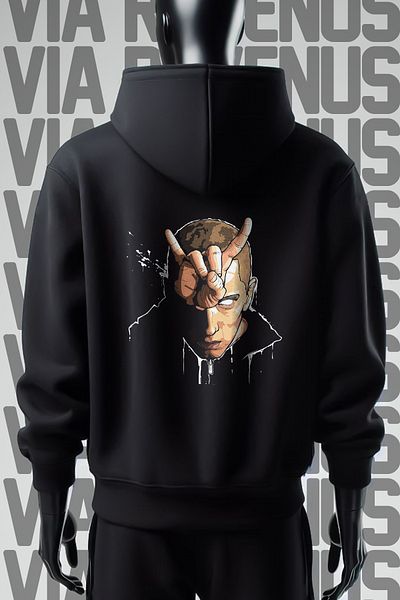 Vordevia Черен суичър с качулка с щампа Eminem - широка шарка от 3 прежди