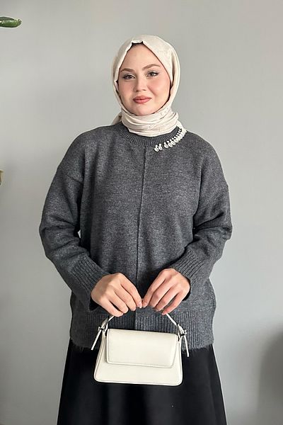 InStyle Pulover din tricotaje din scoici cu detalii din piatră antracit