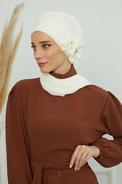 Ayşe Tasarım Special Design Chiffon Ready-To-Wear Turban with Stone Accessories, Cream, Ht-8, Cream