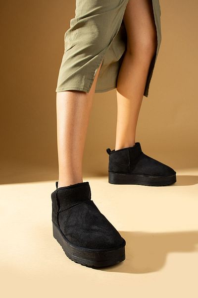 Pembe Potin Γυναικεία Μίνι Μαύρα Μποτάκια Nubuck με Γούνινο Εσωτερικό Επίπεδο Χοντρό Άνετη Σόλα Γυναικεία Παπούτσια