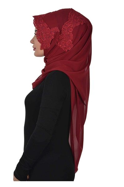 Ayşe Tasarım Special Design Front Lace Embroidered Practical Chiffon Shawl, Burgundy, Ps-25