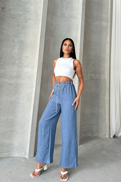 Brantu Linen Palazzo Trousers - Straw Belt Detail