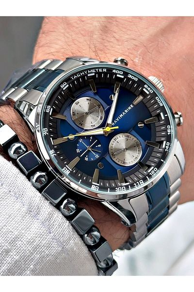 Navimarine Men's Silver Colored Steel Cord Wrist Watch and Bracelet Gift