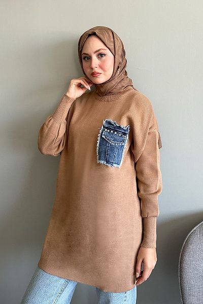 InStyle Camel Colored Denim Pocket Knitwear Tunik