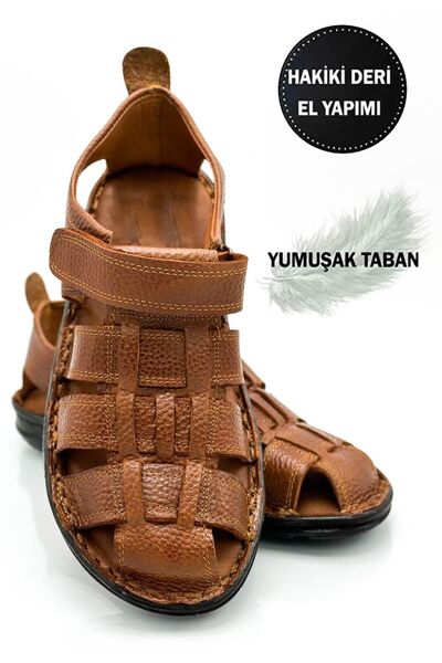 sermoda 100% Genuine Leather Closed Toe Men's Sandals Syringe Tan