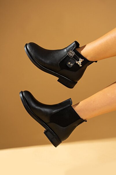 Pembe Potin Kadın Teddy Bear Siyah Lastikli Tokalı Günlük Rahat Kalıp İçi Sıcak Astarlı Bot