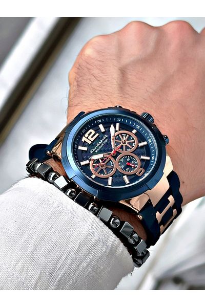 Navimarine Men's Wristwatch and Bracelet with Gift - Rose Navy Color, Silicone Cord