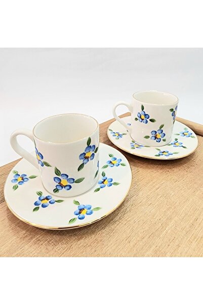 Mimoza Porselen Mavi  mini çiçek desen el yapımı kahve fincanı 2'li takım