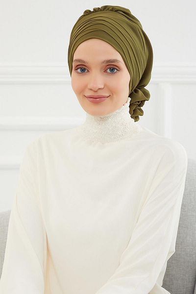 Aisha's Design عمامة جاهزة من الشيفون باللون الأخضر الكاكي - تصميم متقاطع، Ht-30
