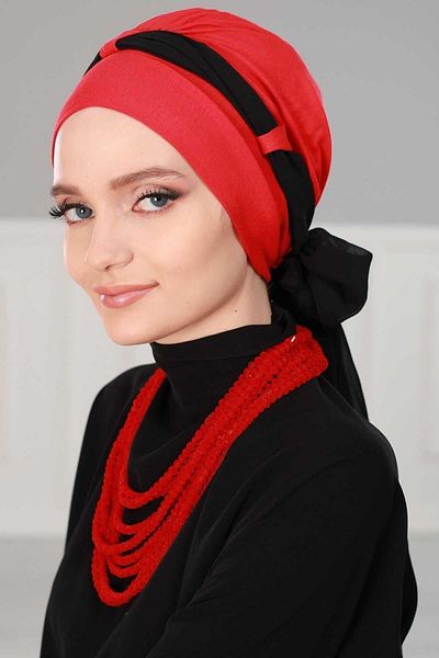 Ayşe Tasarım Belted Chiffon Combed Cotton Bonnet - Red/Black, B-24