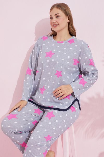 Siyah İnci Large Size Gray Fuchsia Star Patterned Knitted Pajama Set - Curved Piping Oversize 7778