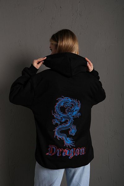 Trendseninle Women's Black Dragon Printed Hooded Oversize Sweatshirt with Dragon Lettering on the Front and Back