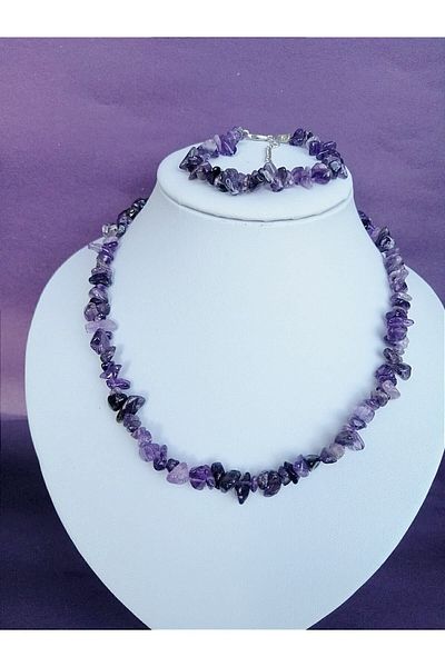 Gena stone Amethyst Necklace Bracelet Set - Natural Stone Jewelry - Real Amathist Broken Natural Stone