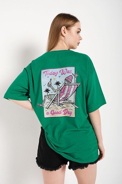 Trendseninle Tricou oversize cu imprimeu Green Today Was pentru femei