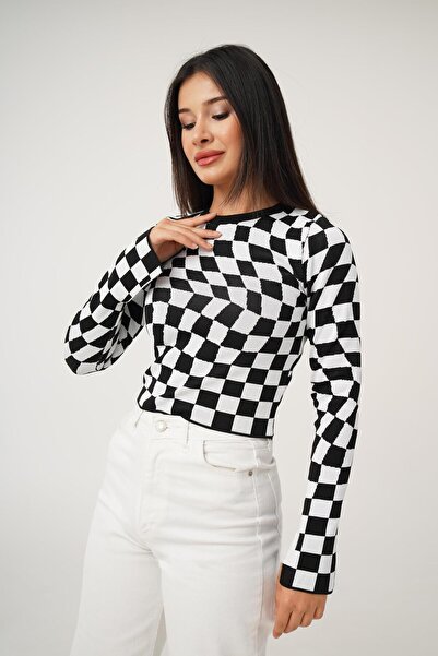 Hipo Trend Bluză tricotată colorată cu model de șah negru