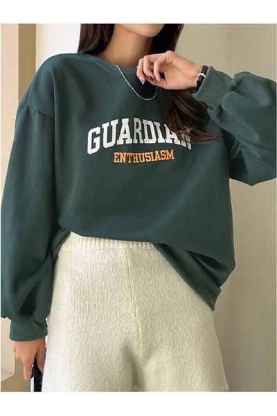 Trendseninle Γυναικείο φούτερ Nefti Green Guardıan με στάμπα Oversize Crew Neck