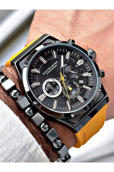 Navimarine Men's Wristwatch and Bracelet with Gift - Yellow Color Silicone Cord