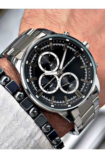 Navimarine Men's Silver Colored Steel Cord Wrist Watch and Bracelet Gift