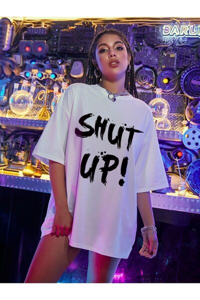 Trendseninle Γυναικείο Shut Up Λευκό μπλουζάκι με στάμπα oversize