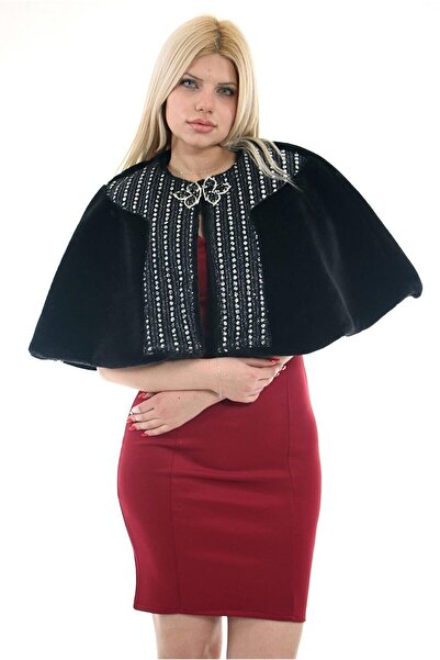 Genel Markalar Kadın Siyah Suni Kürk Faux Fur Bolero Ve Broş