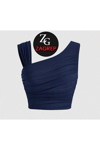 Zagrep Navy Blue Women's Crop Top - Shoulder Detailed, Draped and Inner Silk Jersey